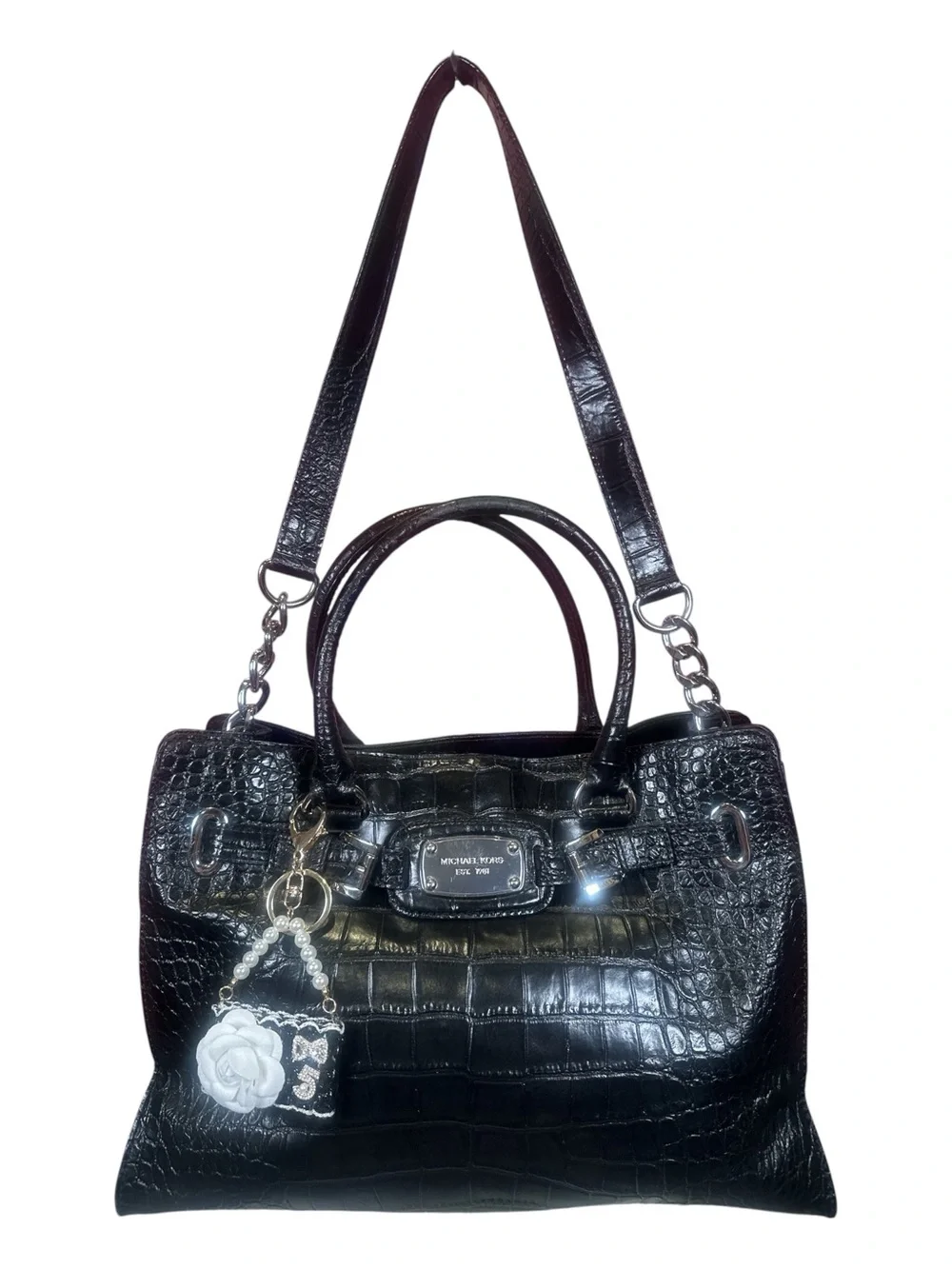 MICHAEL Michael Kors Hamilton Black Croc-Embossed Leather Satchel Shoulder Bag
